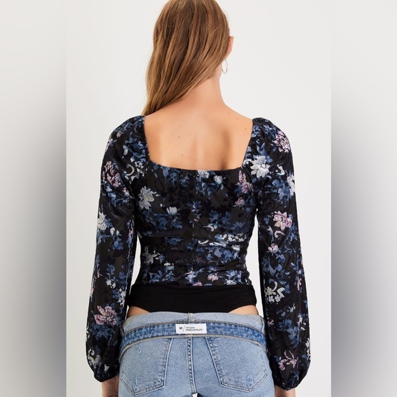 Lulus Divine Radiance Black Floral Burnout Velvet Long Sleeve Bodysuit, Size XS - Picture 4 of 10